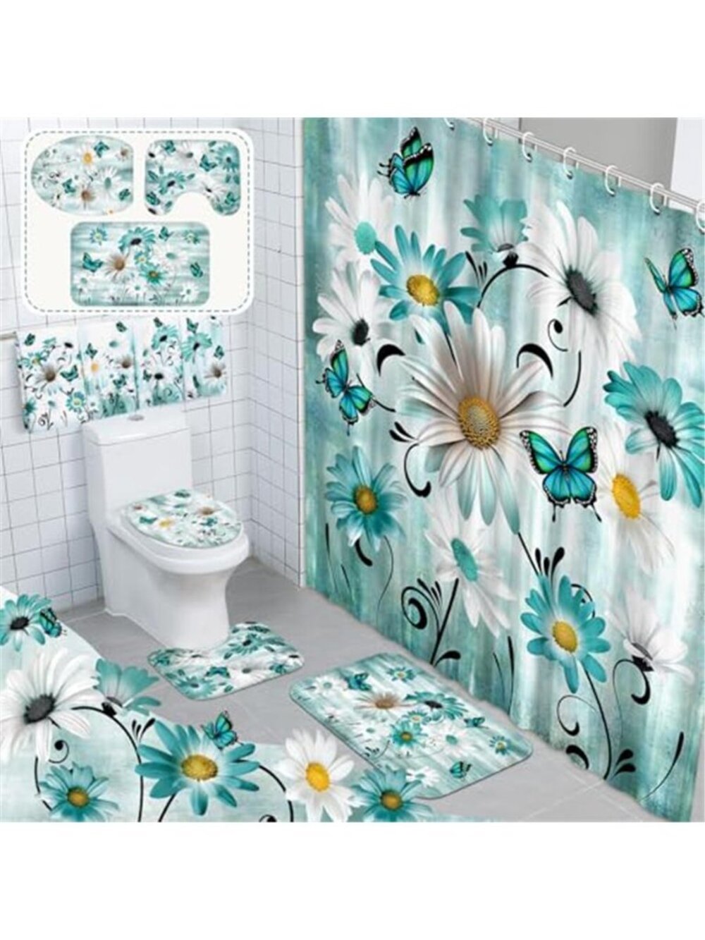 Teal Daisy Butterfly Shower Curtain Set Rugs Towels Bath Mat Toilet Cover Hooks